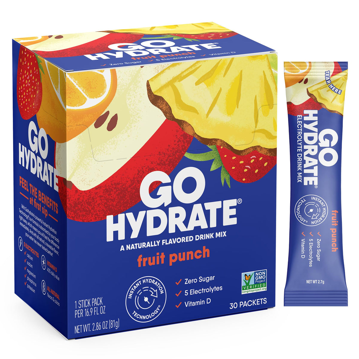 GoHydrate frente del empaque mostrando 30 sobres y beneficio de ahorro espacio