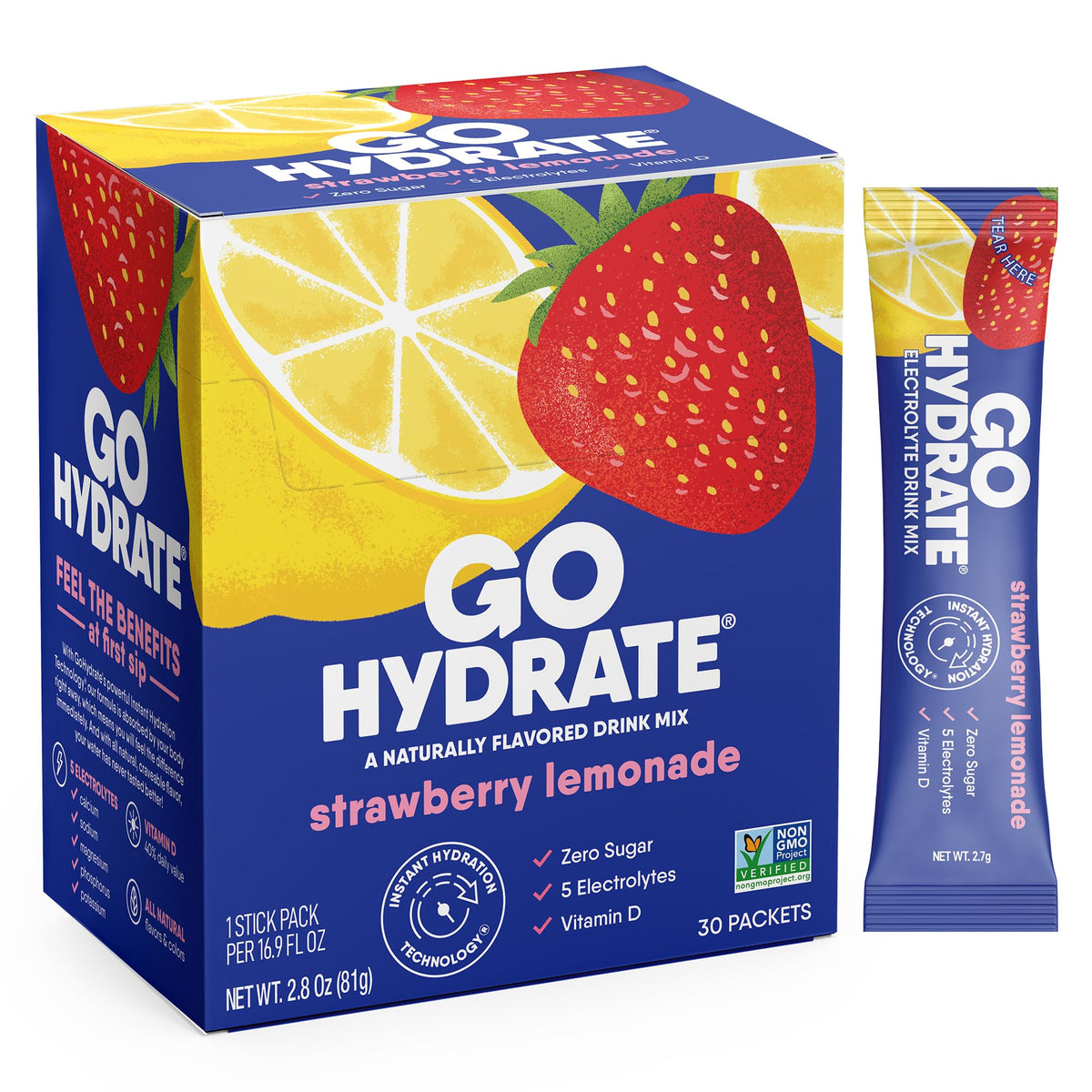 GoHydrate frente del empaque mostrando 30 sobres y beneficios de hidratación