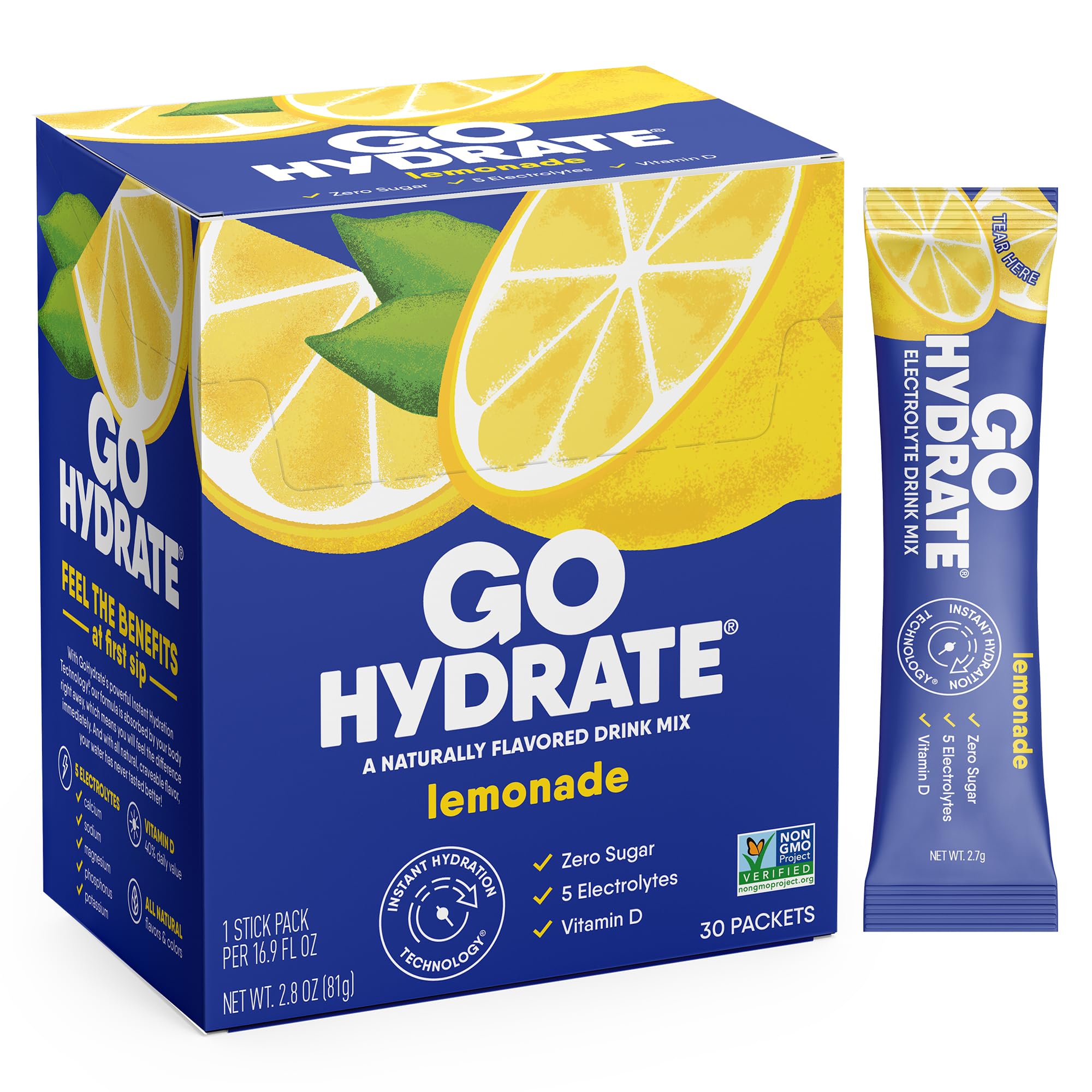 GoHydrate frente del paquete mostrando 30 sobres y beneficios