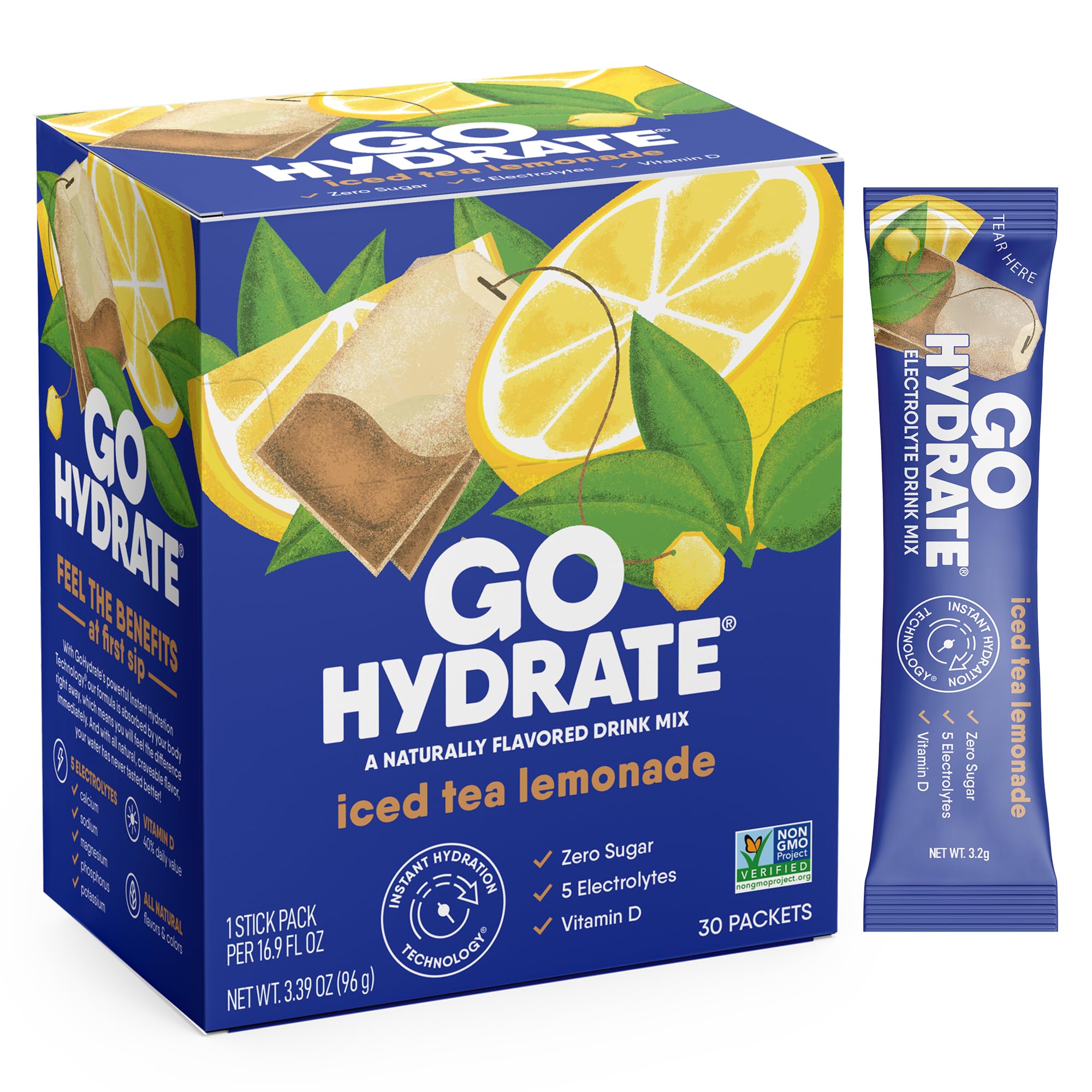 GoHydrate frente del empaque mostrando 30 sobres y beneficio portable