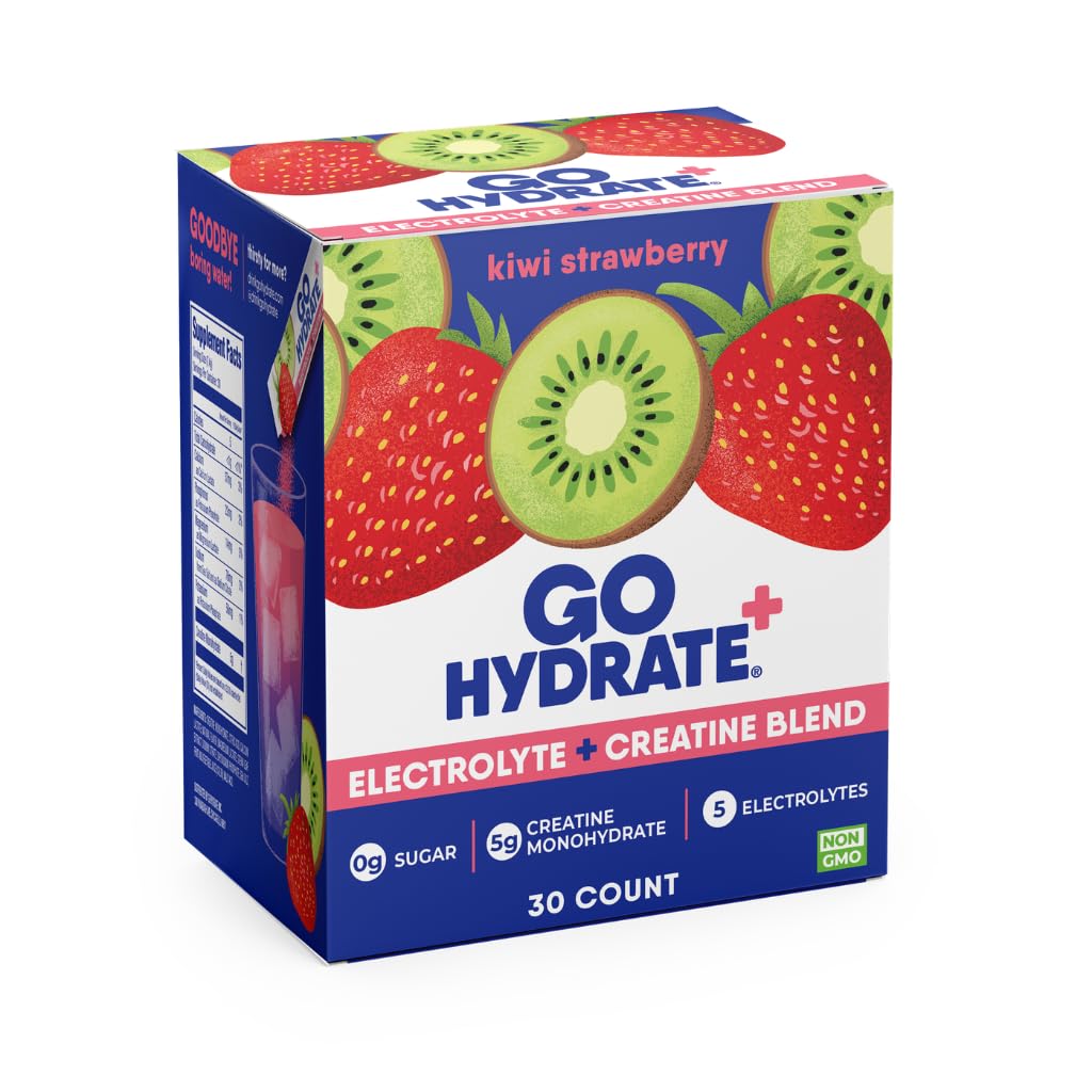 GoHydrate sobre kiwi-fresa mostrando paquete frontal y beneficios de hidratación