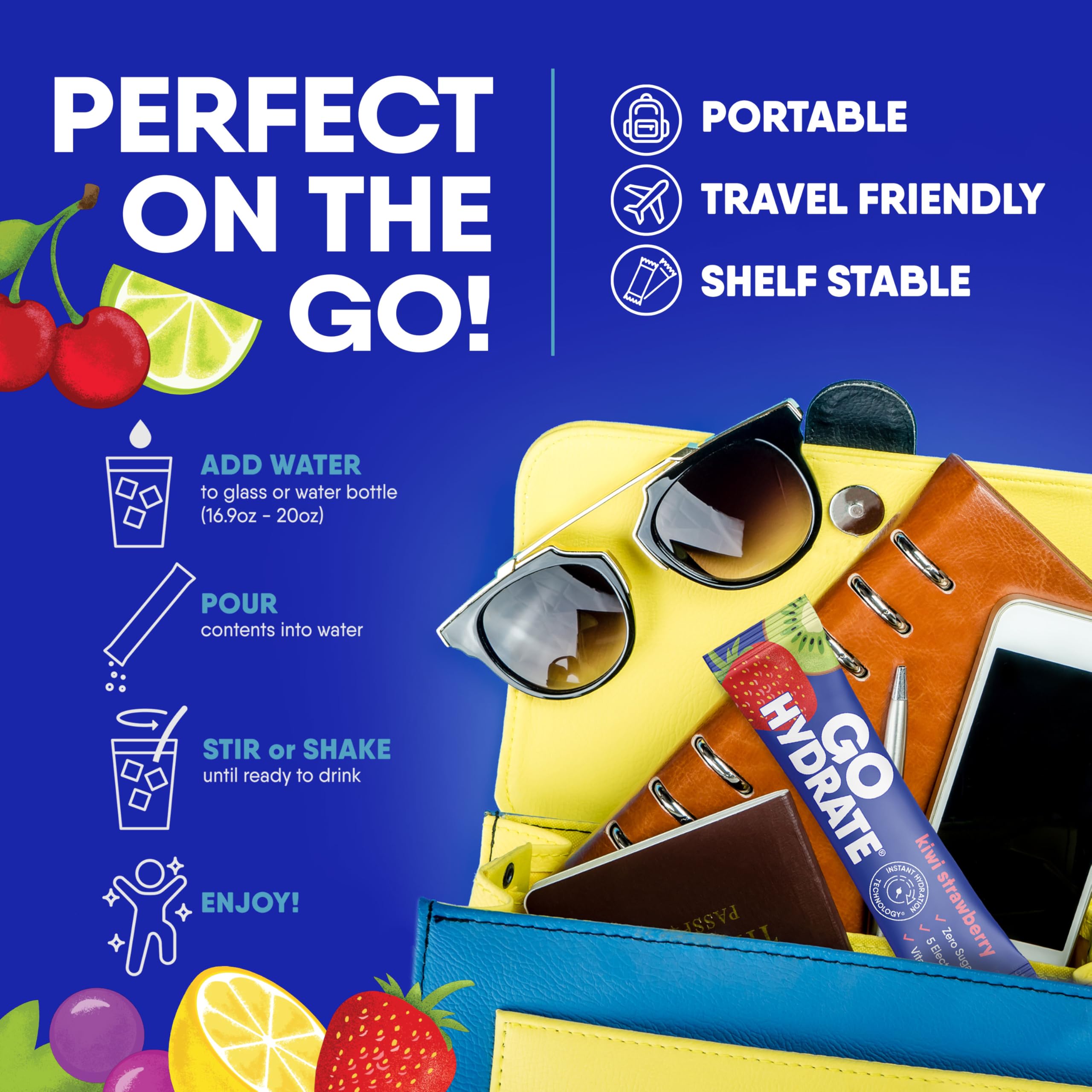 GoHydrate variedad de sabores en una mesa mostrando opciones del pack