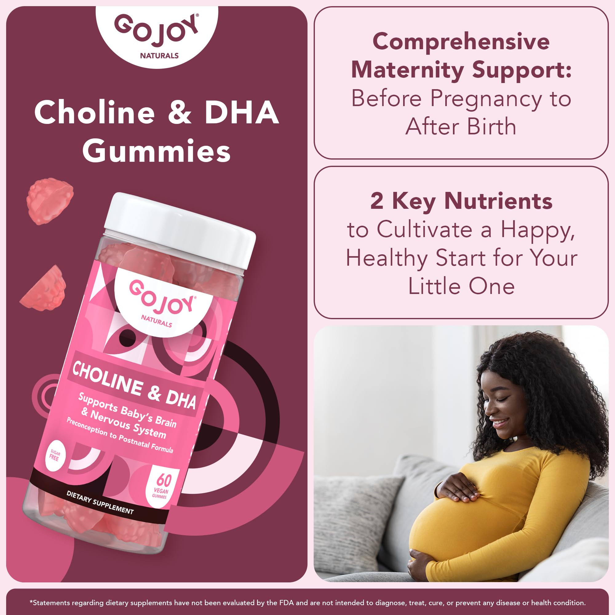 GOJOY NATURALS mujer embarazada tomando gomita con comodidad