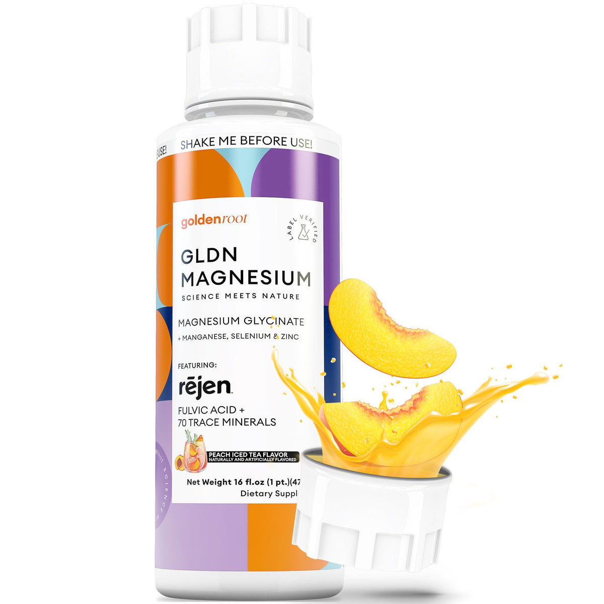GoldenRoot frasco GLDN visto de frente mostrando etiqueta y tamaño, ayuda a elegir producto