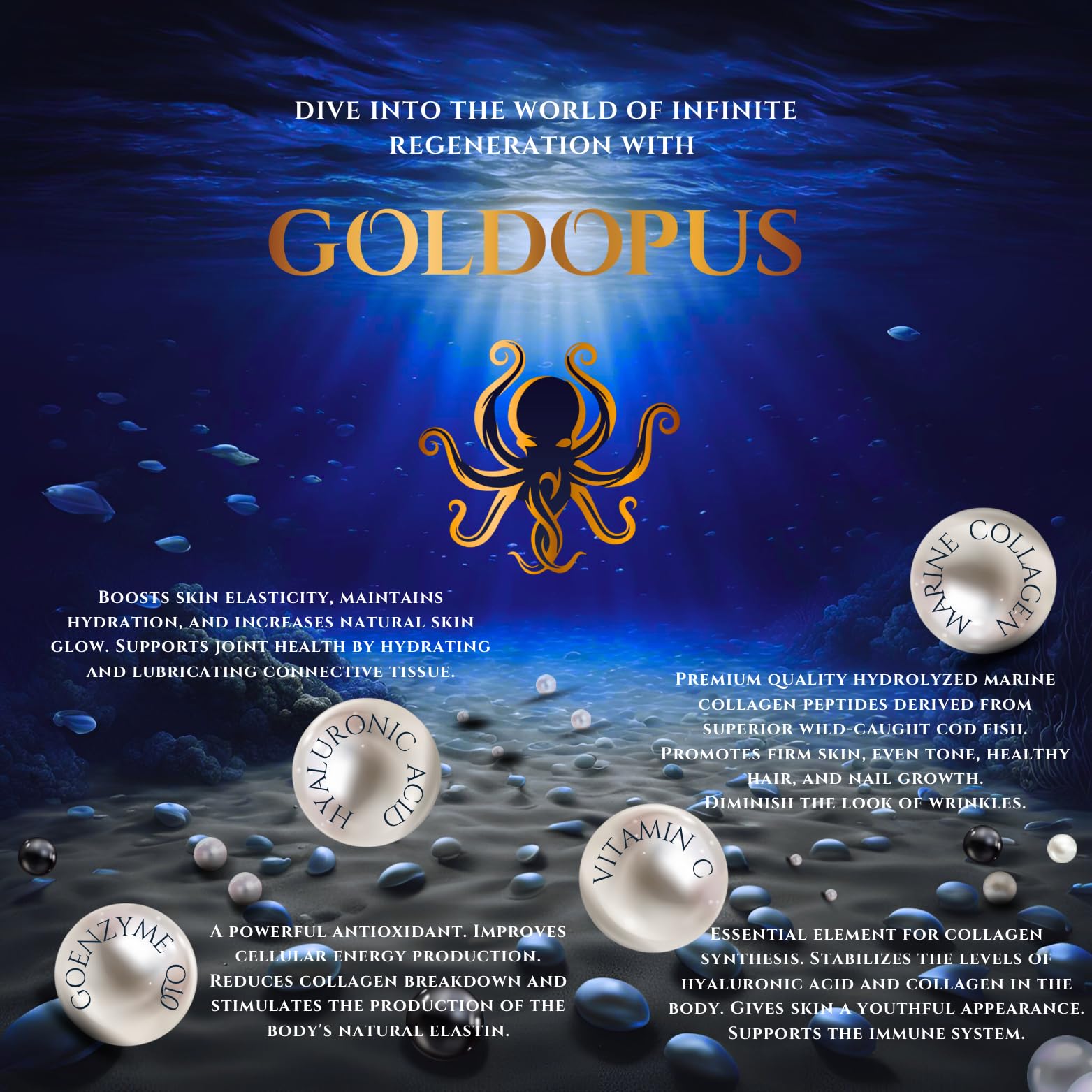 GOLDOPUS primer plano de ácido hialurónico CoQ10 y vitamina C visibles