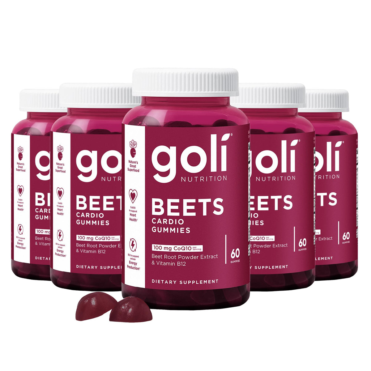 Goli frasco frontal de Beets Cardio gomitas mostrando el envase y beneficio práctico