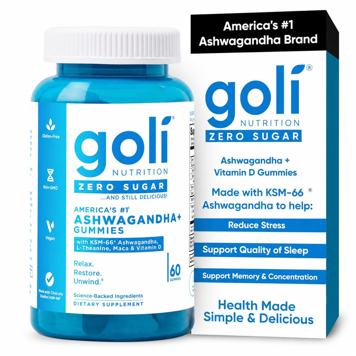 Goli envase frontal Ashwagandha mostrando la marca y sin azúcares para comprar con confianza