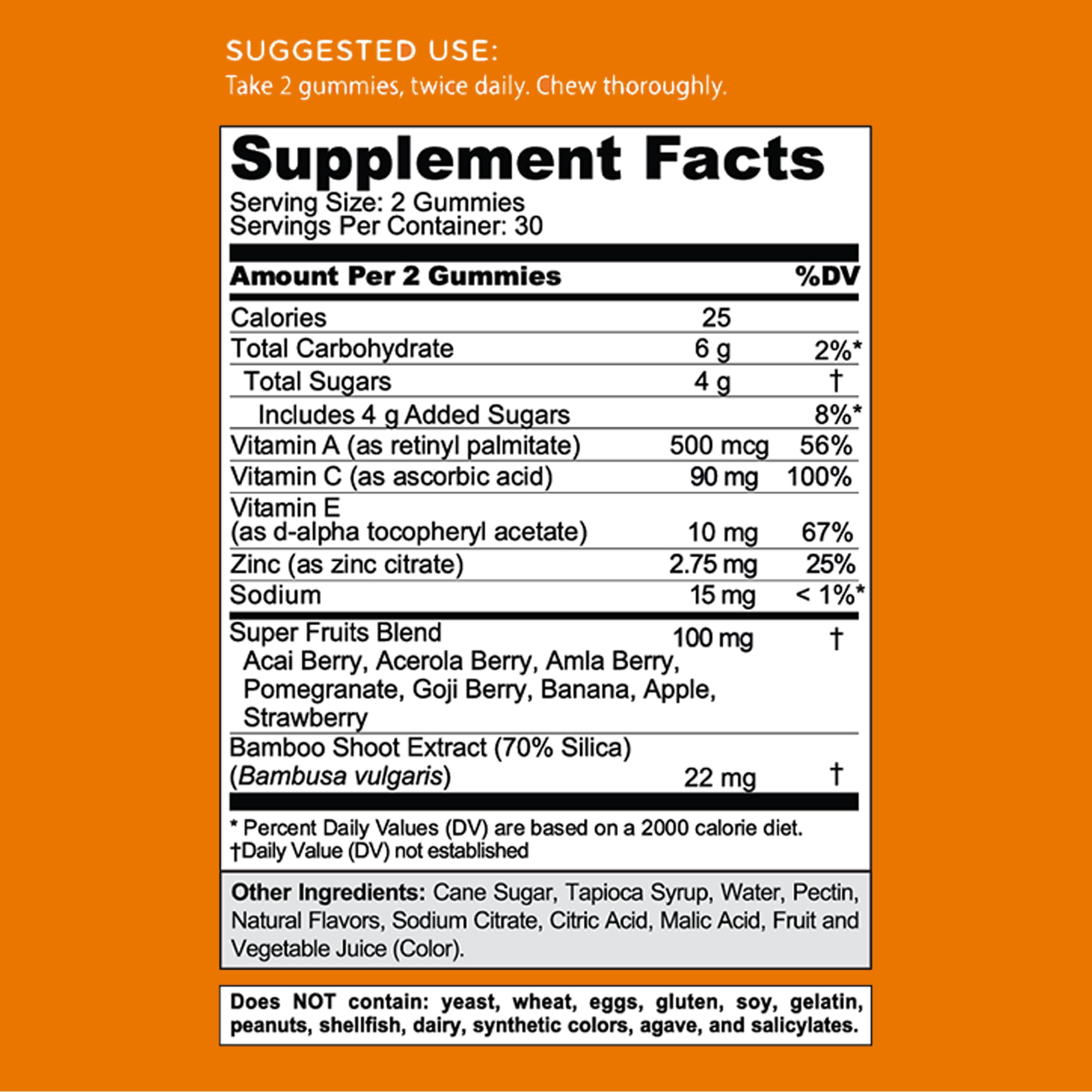 Etiqueta nutricional de Goli Immune mostrando vitaminas y zinc