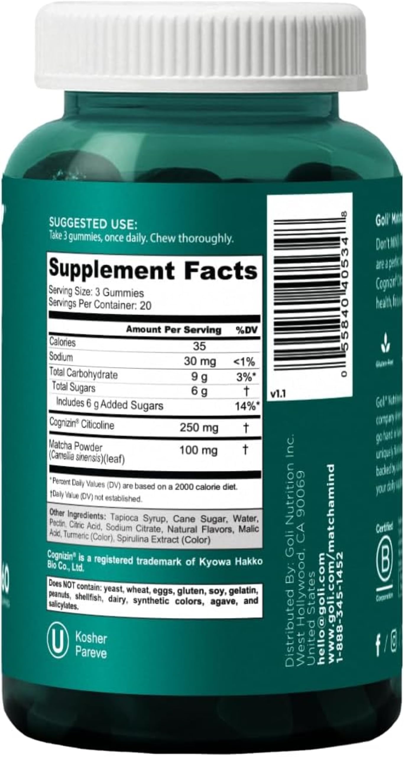 Detalle de ingredientes matcha y Cognizin Goli, formulación pensada