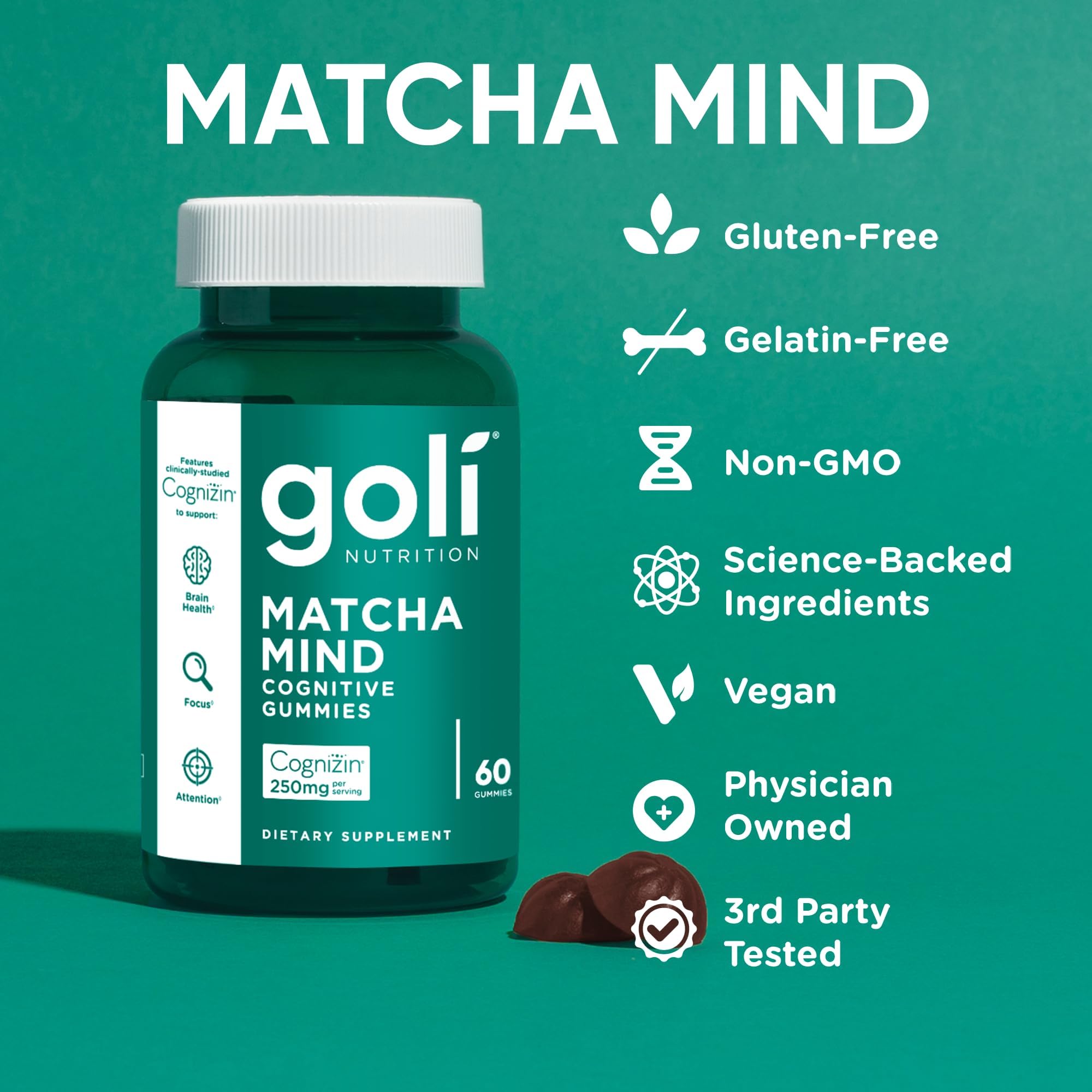 Gomita Goli Matcha Mind al lado de una moneda para comparar tamaño y porcionamiento