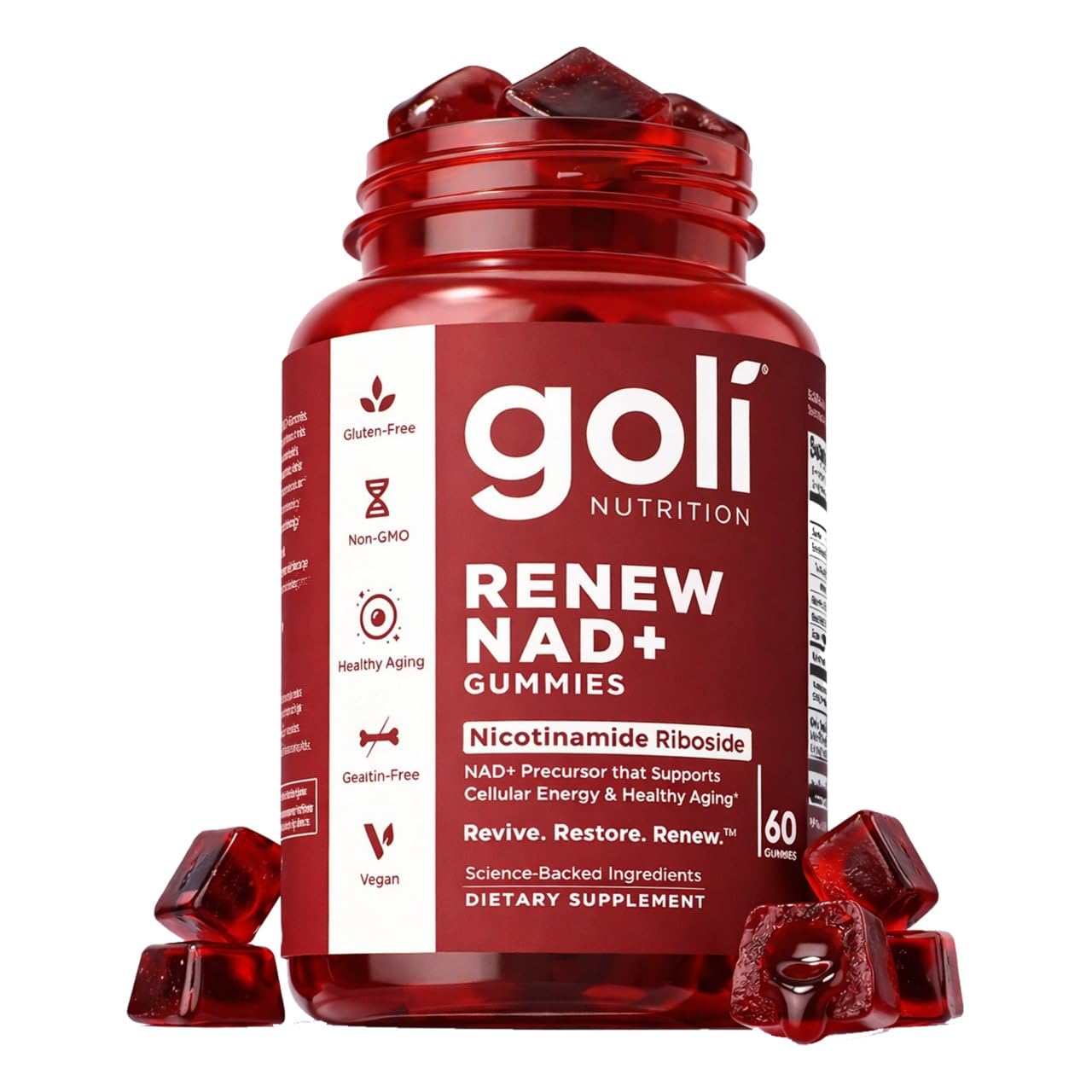 Goli envase frontal mostrando 60 gomitas y beneficios veganos