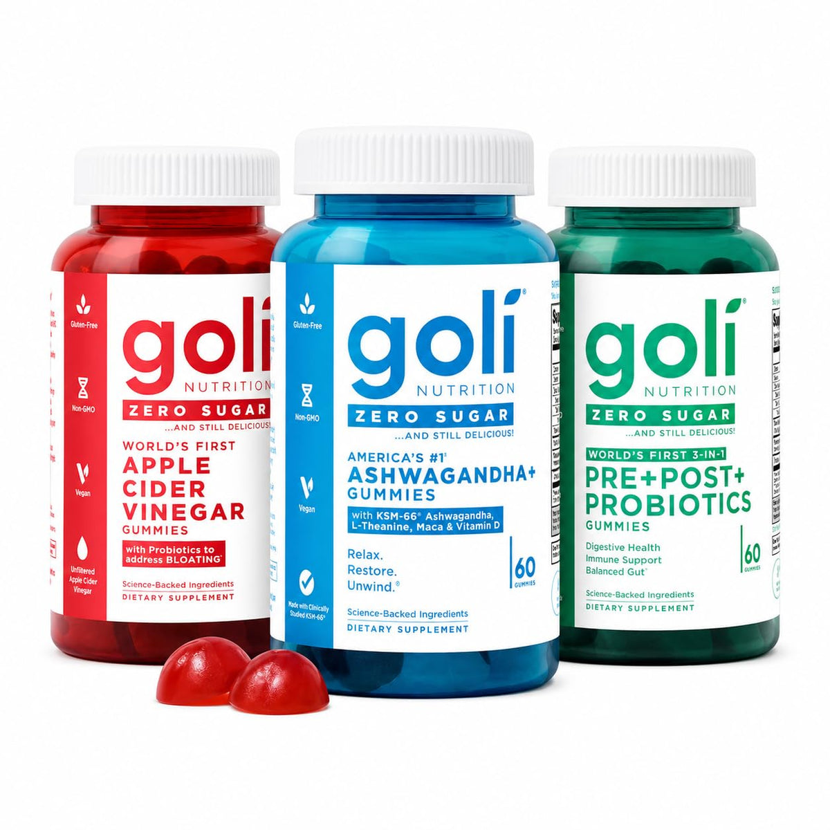 Goli trio frontal con tres frascos y etiquetado visible, opción práctica diaria