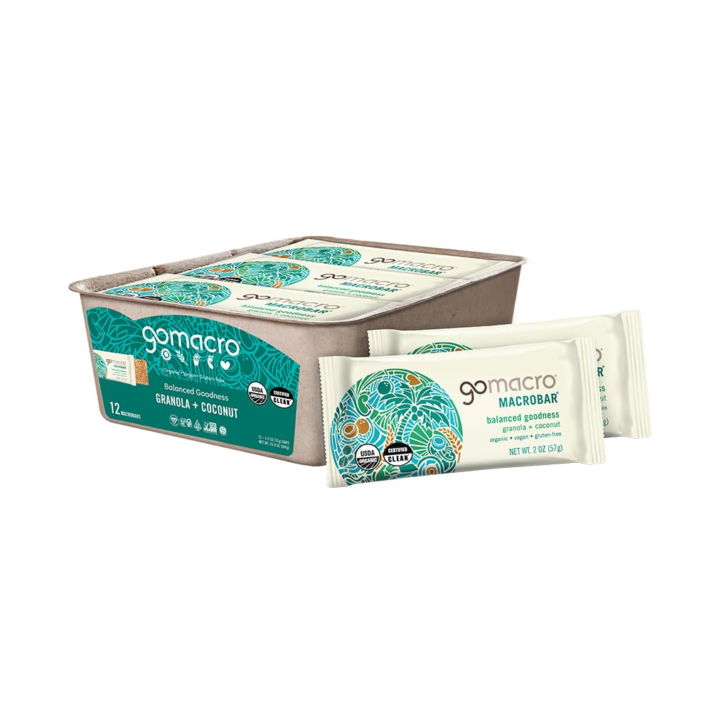 GoMacro barra frontal Granola + Coconut mostrando envoltorio y beneficios naturales