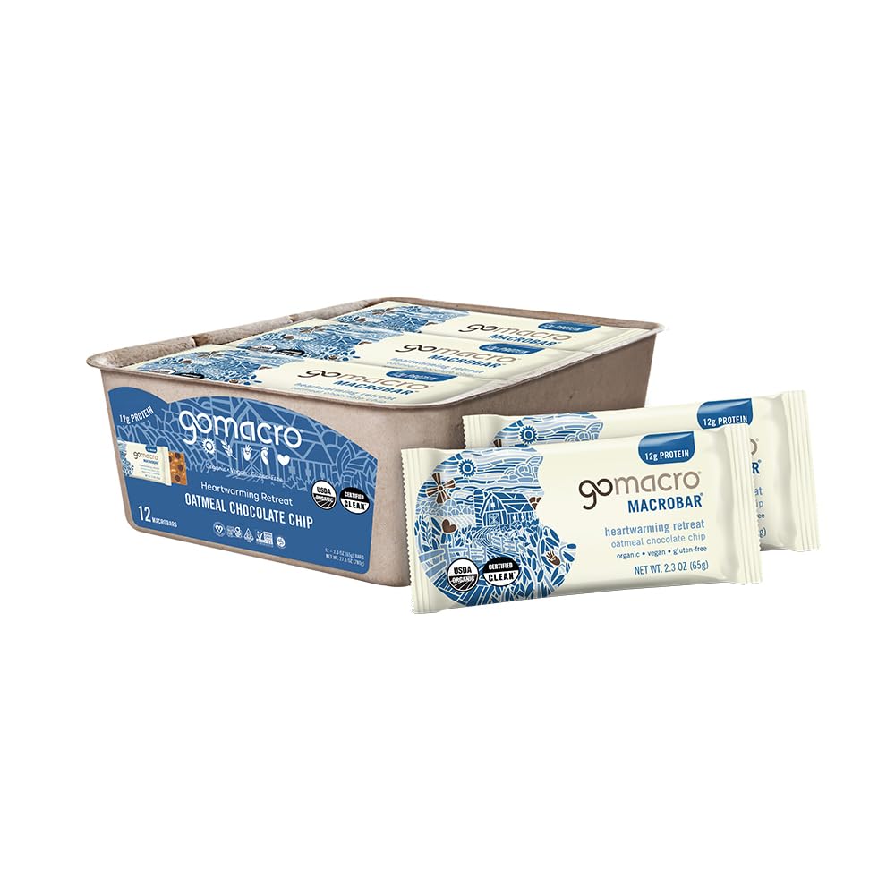 GoMacro frente del empaque mostrando sabor Oatmeal Chocolate Chip y conveniencia