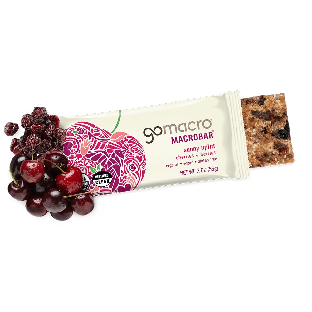 GoMacro barra abierta que revela interior masticable y frutas orgánicas visibles