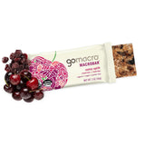 GoMacro barra abierta que revela interior masticable y frutas orgánicas visibles