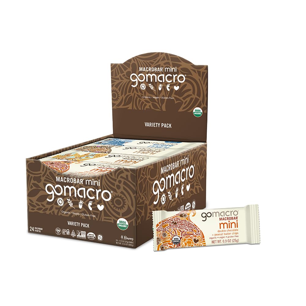 GoMacro pack frontal mostrando 24 MacroBar Mini, práctico y variado