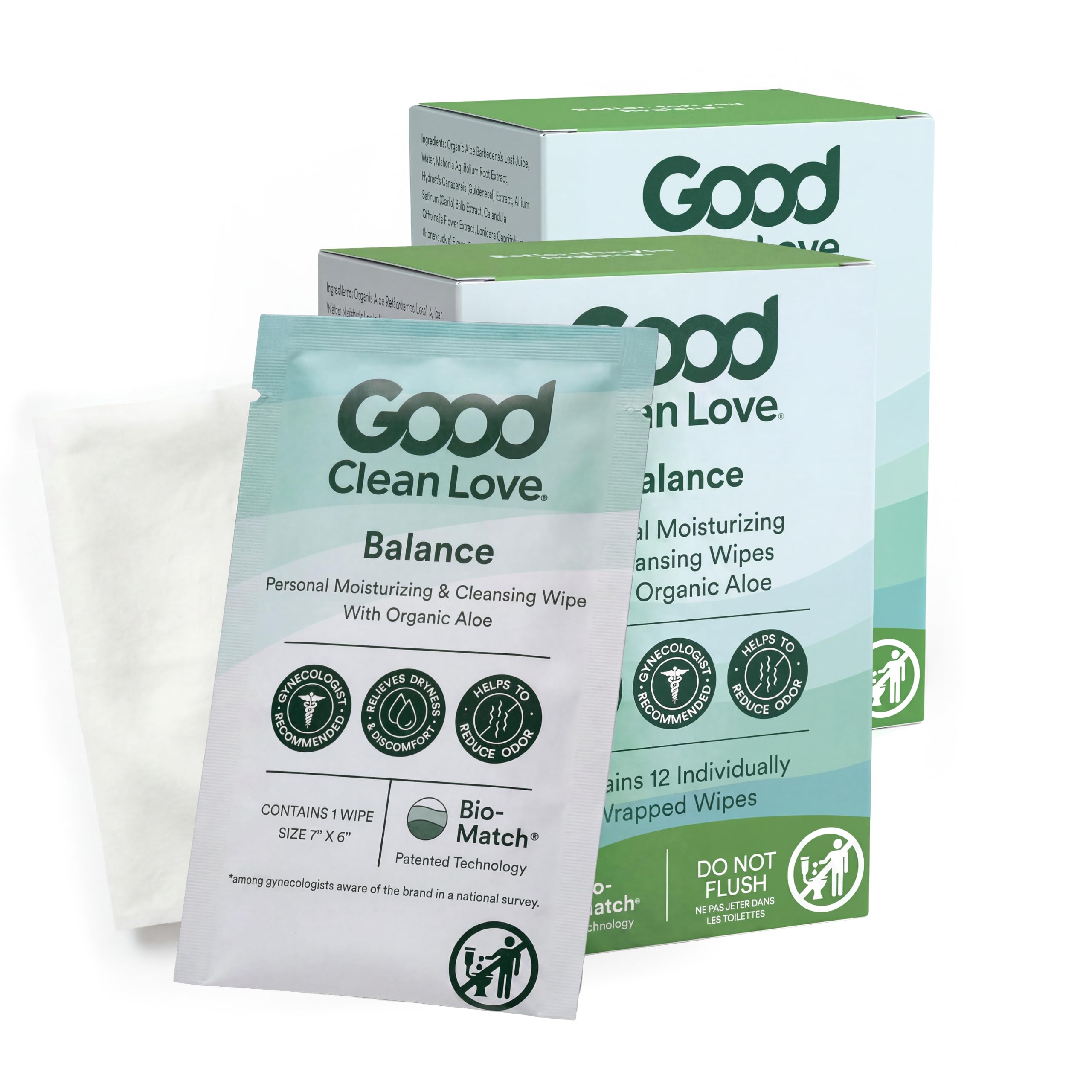 Good Clean Love empaque frontal mostrando 24 toallitas y beneficio de frescura