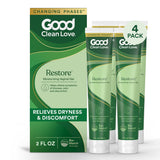 Good Clean Love envase frontal que muestra el gel restaurador y su beneficio de alivio