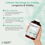 Good Energy suplemento sobre encimera junto a comida sana para contexto