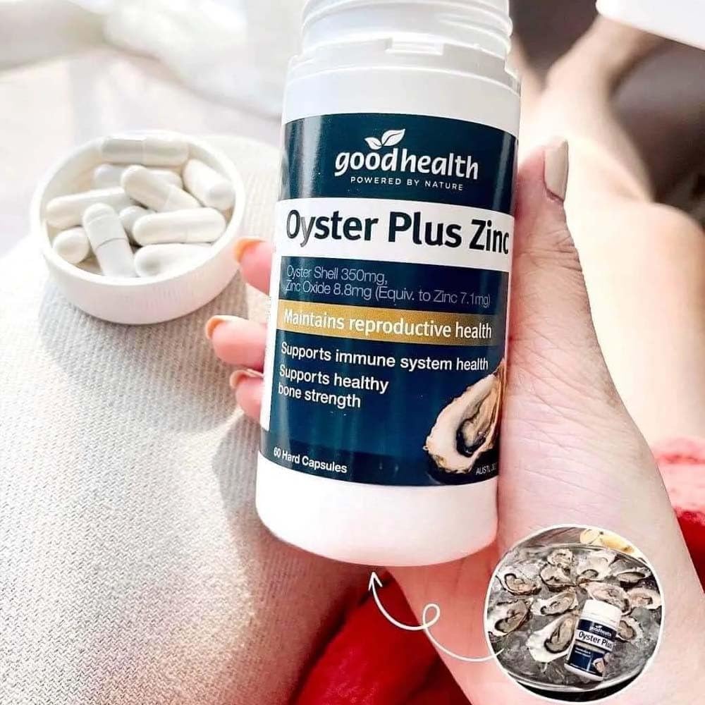 Goodhealth Oyster Plus cápsulas apiladas detalle para fácil ingestión