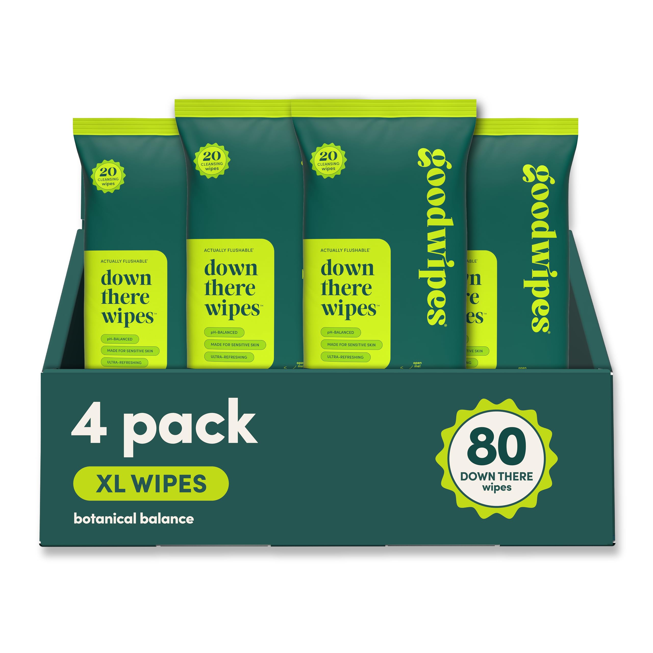 goodwipes frontal del paquete mostrando diseño y fácil acceso para higiene íntima