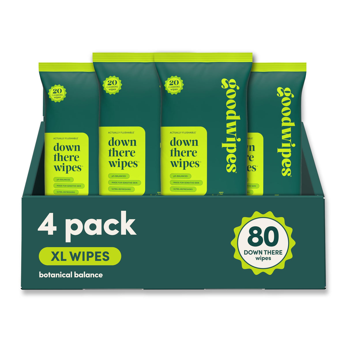 goodwipes frontal del paquete mostrando diseño y fácil acceso para higiene íntima
