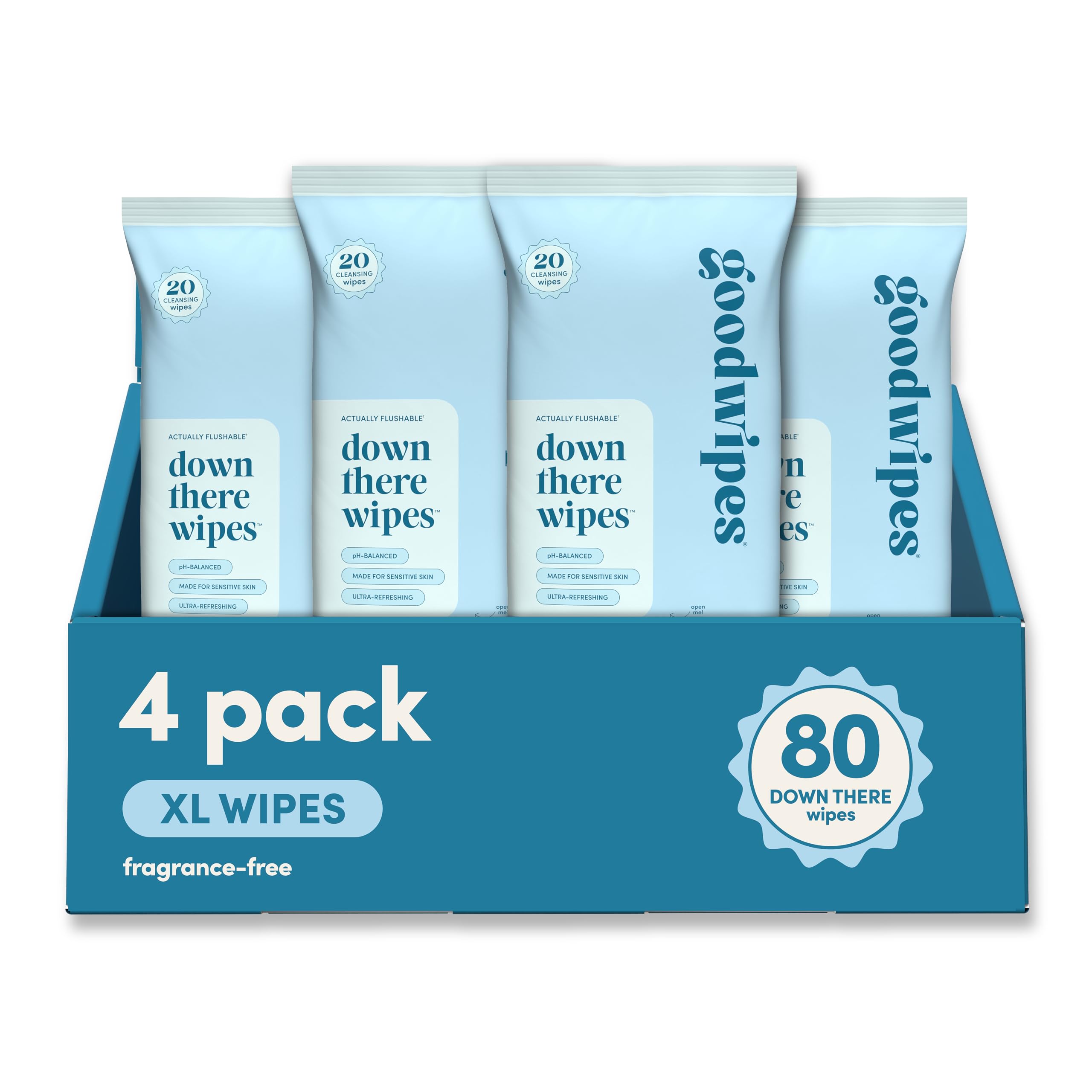 goodwipes vista frontal de los cuatro paquetes, práctico para viajar