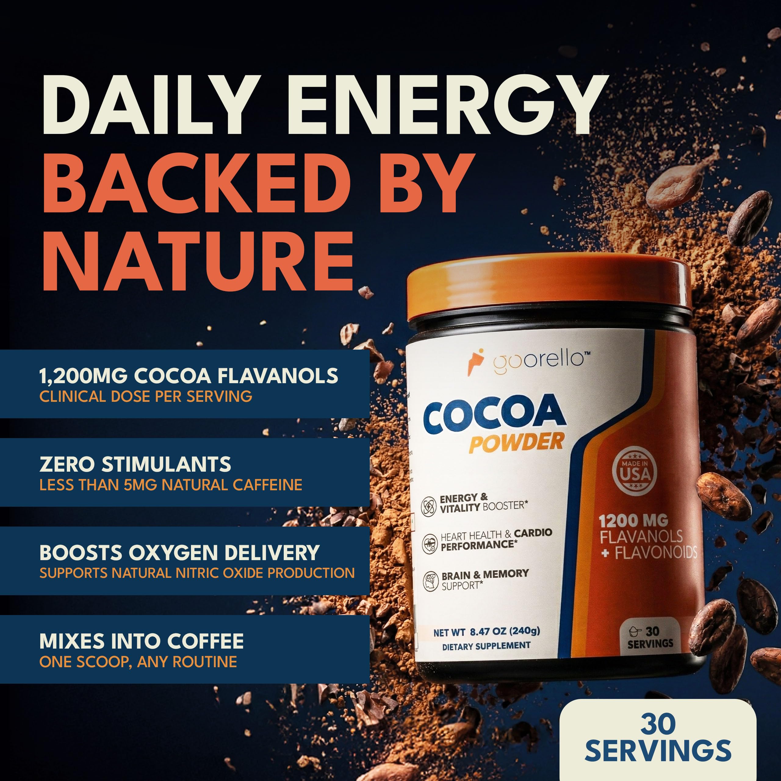 goorello polvo de cacao vista cercana, textura fina que facilita mezcla