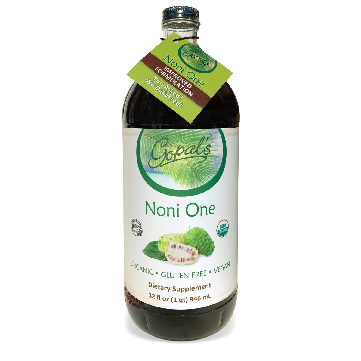 Gopal's botella frontal de Noni One mostrando etiqueta orgánica y beneficio de pureza