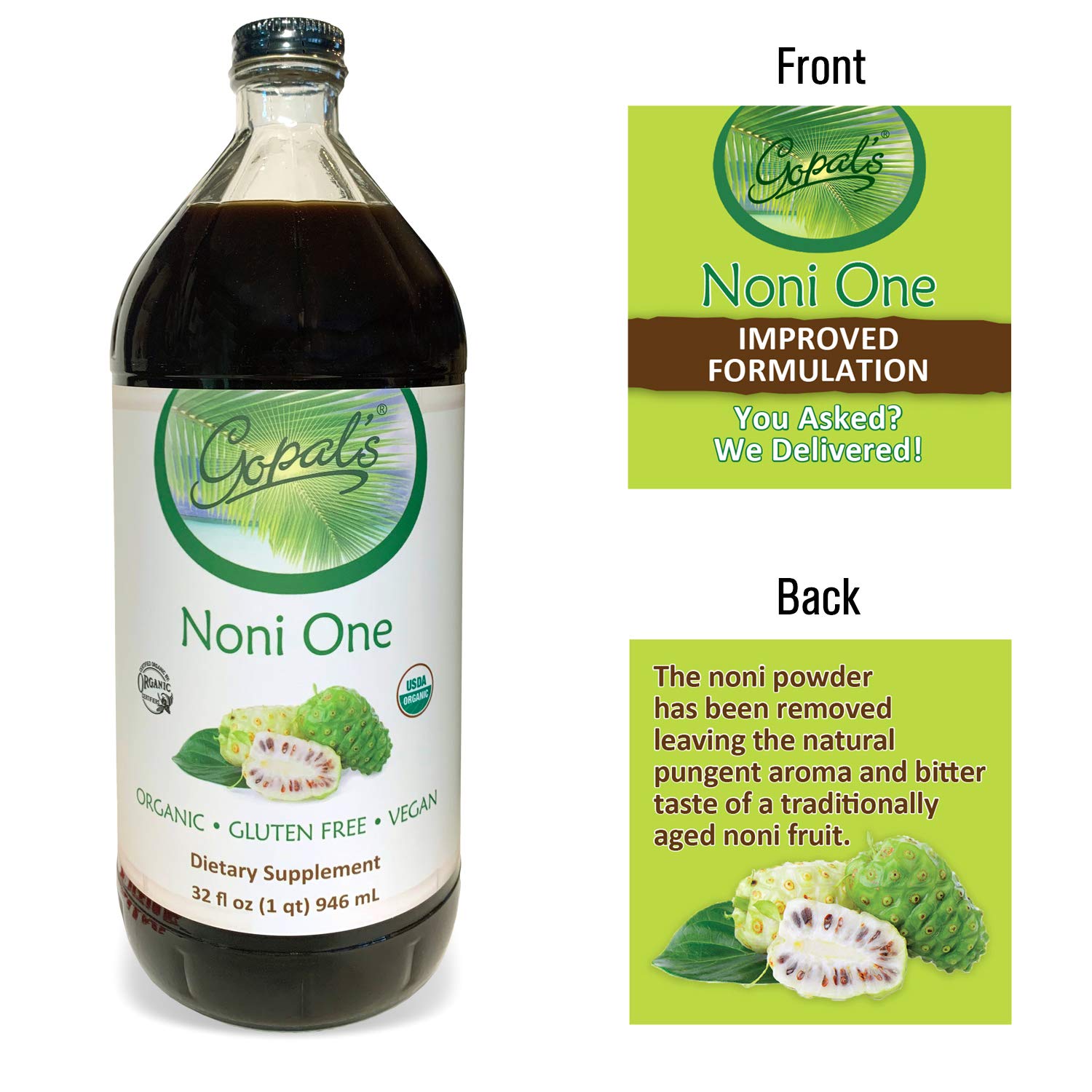 Gopal's textura líquida de jugo noni mostrando color ámbar y beneficio de autenticidad