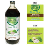 Gopal's textura líquida de jugo noni mostrando color ámbar y beneficio de autenticidad