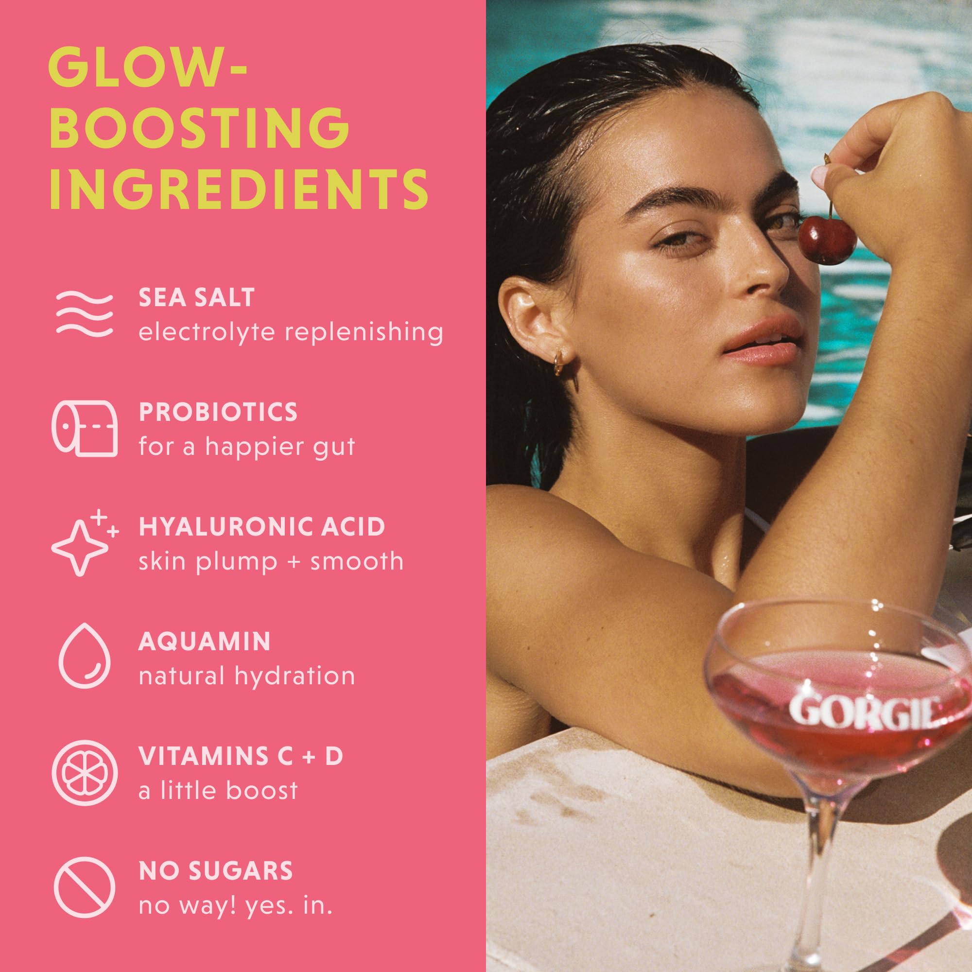 GORGIE bebida rosa en vaso, hidratación refrescante y natural