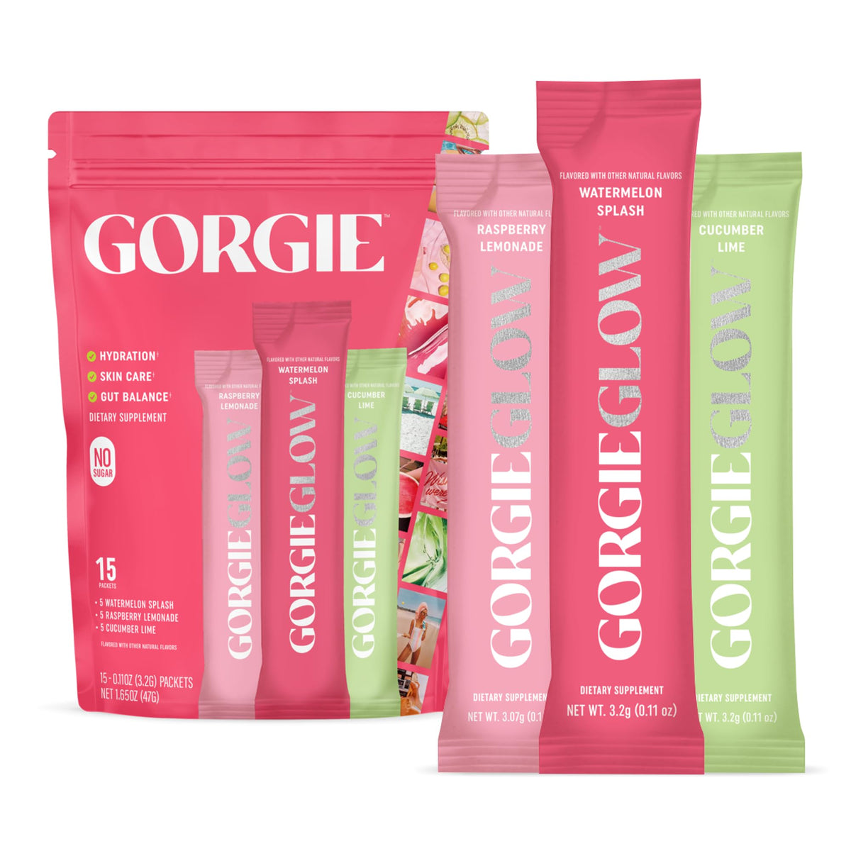 GORGIE pack frontal mostrando variedad de sticks y beneficios visibles