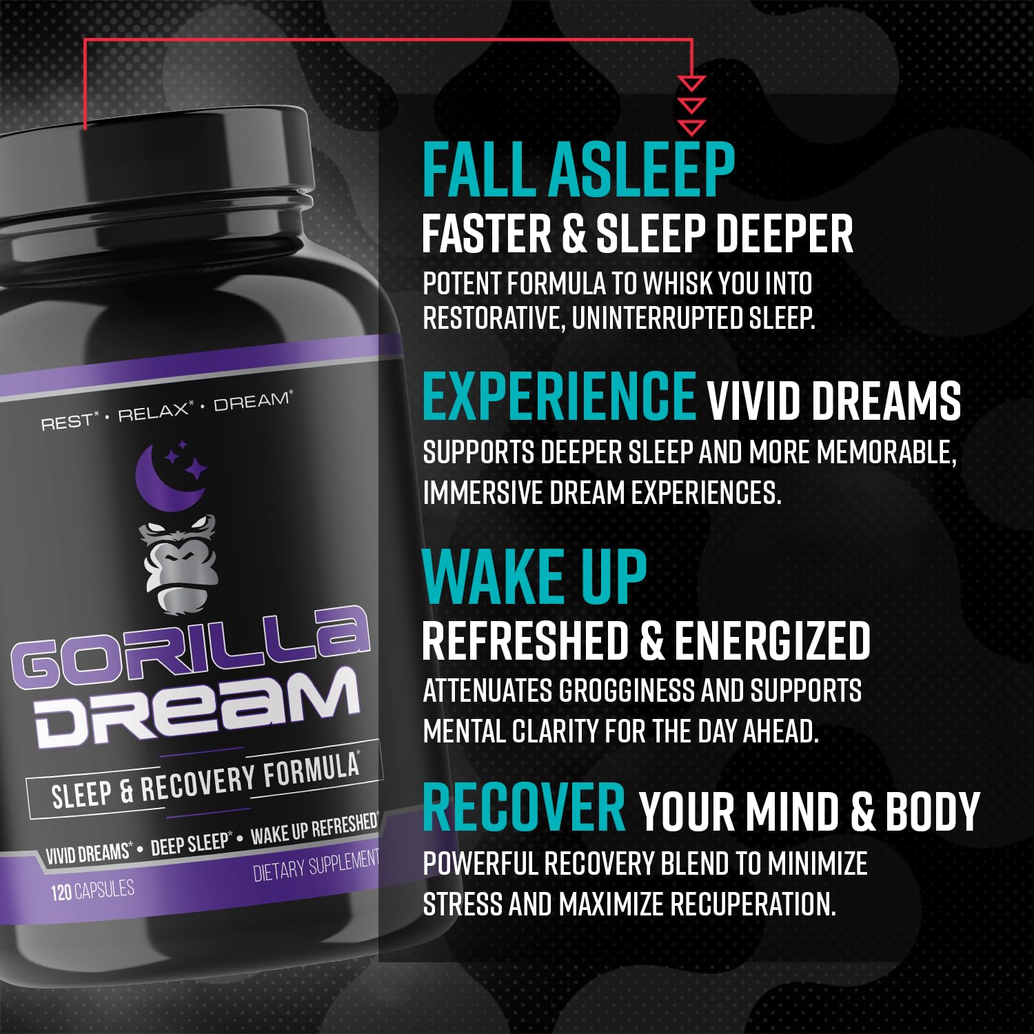 Gorilla Mind Dream en escena nocturna junto a una cama, sugiere descanso reparador