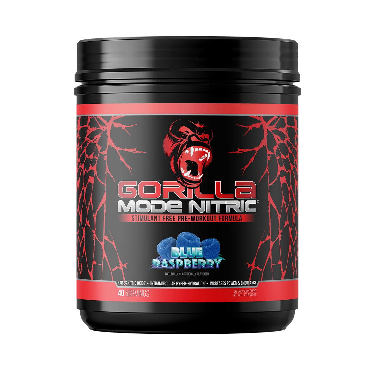 Gorilla Mind frente del envase mostrando etiqueta y sabor blue raspberry, atractivo visual