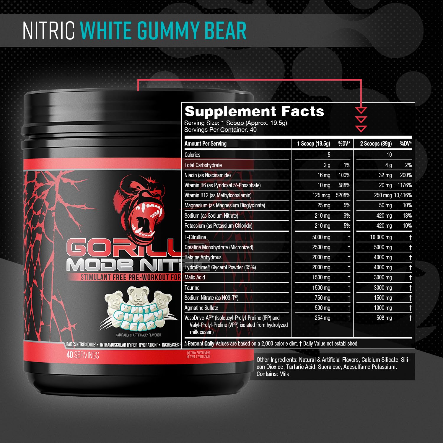 Gorilla Mind Nitric polvo en primer plano que muestra textura fina y mezclabilidad