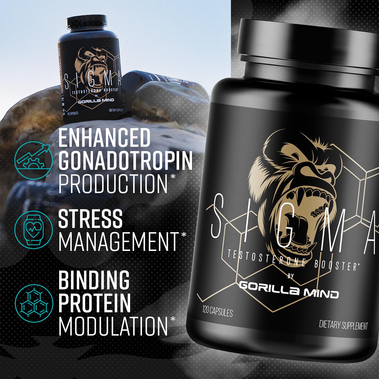 Gorilla Mind Sigma frasco junto a equipo de entrenamiento, apoya rutina diaria