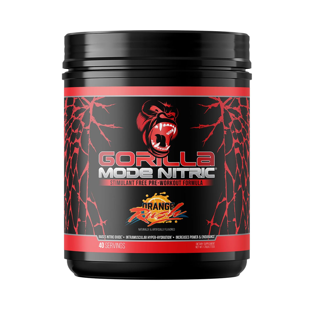 Gorilla Mind Gorilla Mode Nitric frente del envase Orange Rush mostrando etiqueta y diseño
