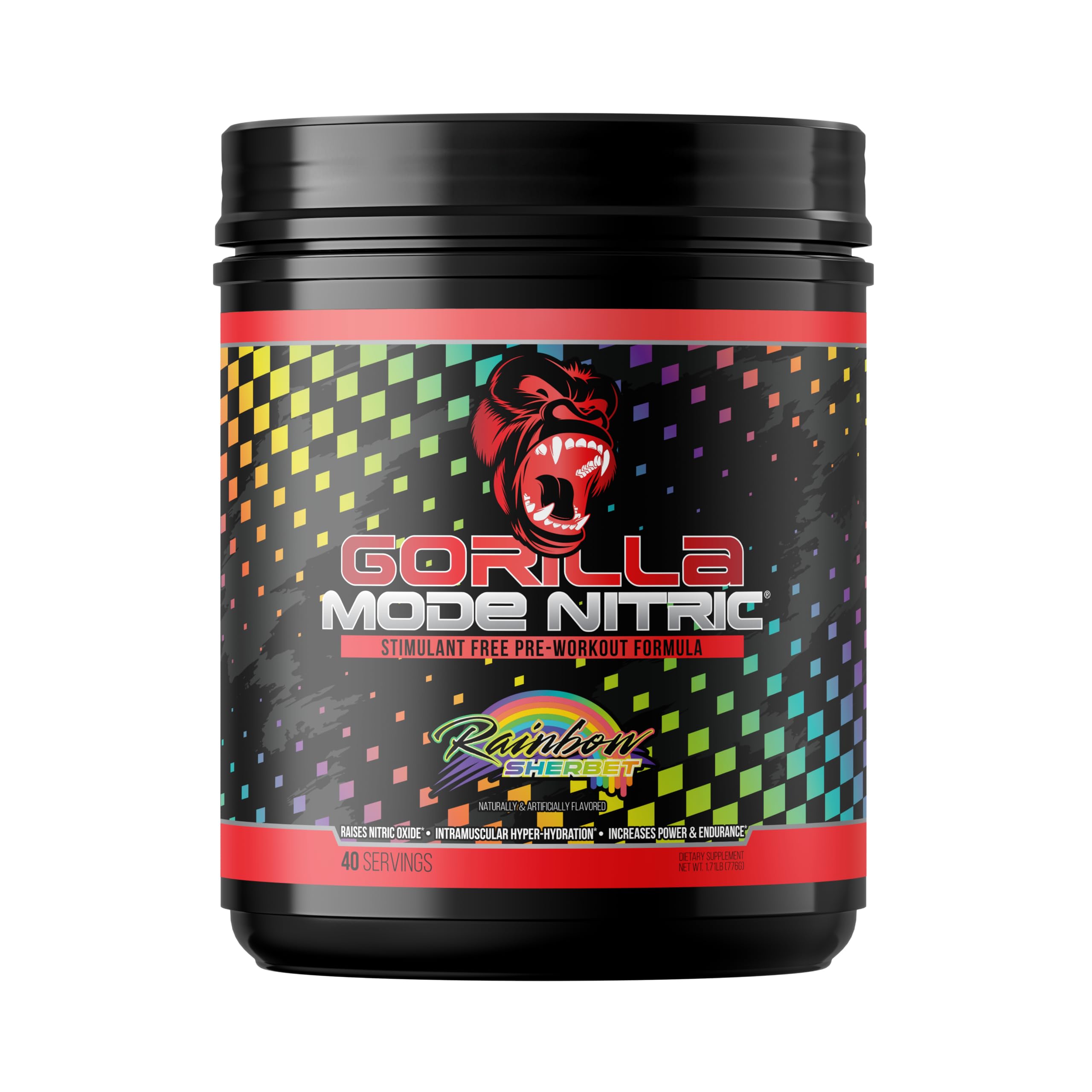 Gorilla Mode Nitric frontal del envase mostrando etiqueta y sabor Rainbow Sherbet