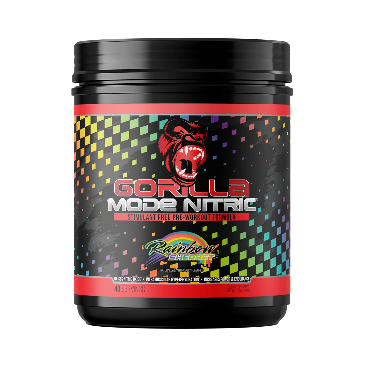 Gorilla Mode Nitric frontal del envase mostrando etiqueta y sabor Rainbow Sherbet