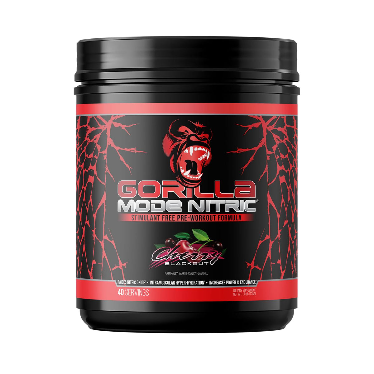 Gorilla Mind Gorilla Mode Nitric frente del envase mostrando etiqueta y sabor Cherry Blackout