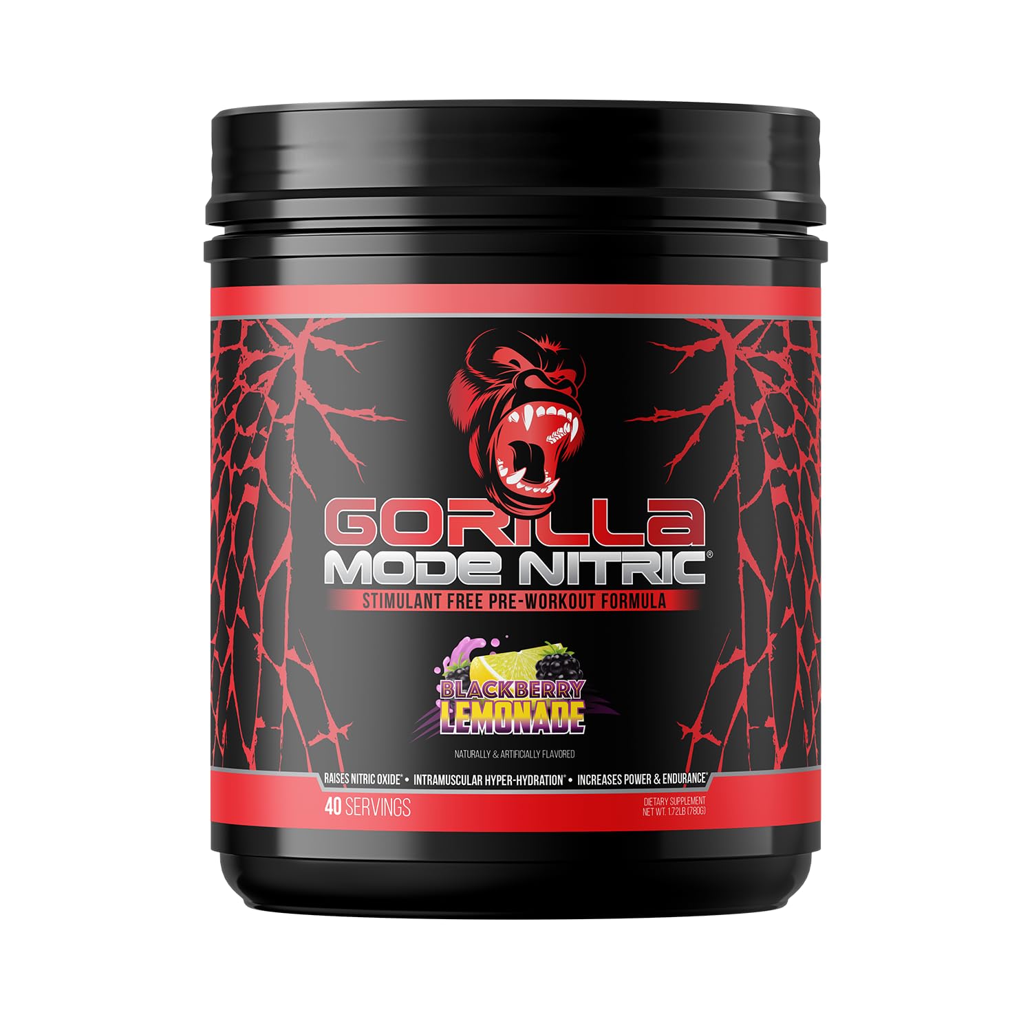 Gorilla Mode Nitric bote frontal 780 g mostrando el sabor BlackBerry Lemonade y beneficios
