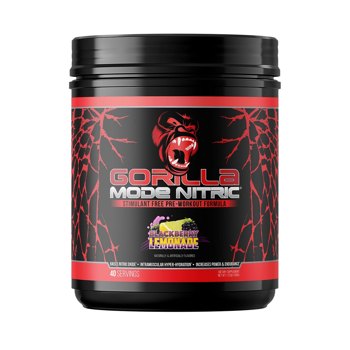 Gorilla Mode Nitric bote frontal 780 g mostrando el sabor BlackBerry Lemonade y beneficios
