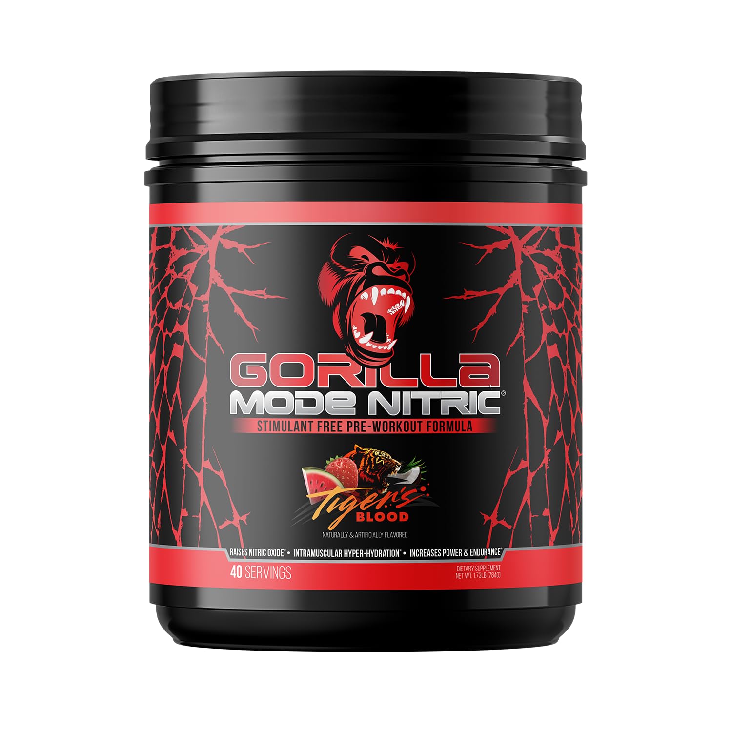 Gorilla Mode Nitric frontal del tarro mostrando diseño y sabor Tigers Blood, atractivo visual