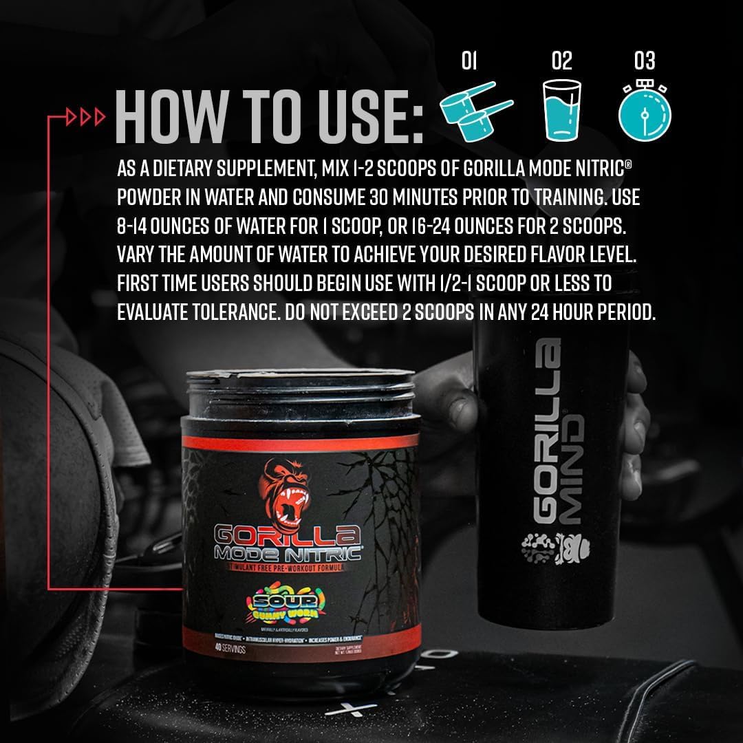 Gorilla Mode Nitric cucharada de porción comparada con mano para referencia de tamaño
