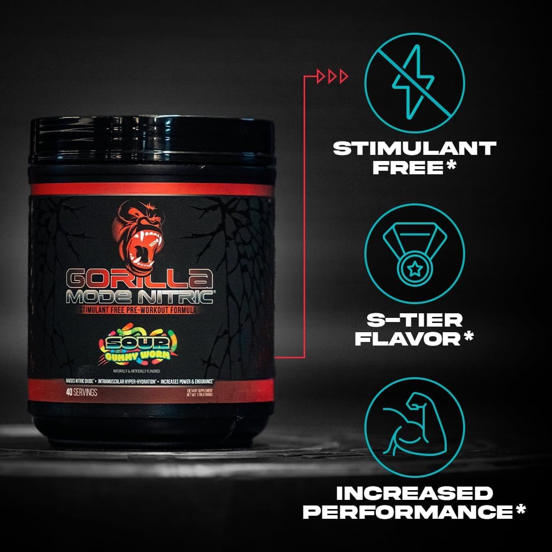 Gorilla Mode Nitric vaso preparado en uso mostrando bombas y energía sin estimulantes