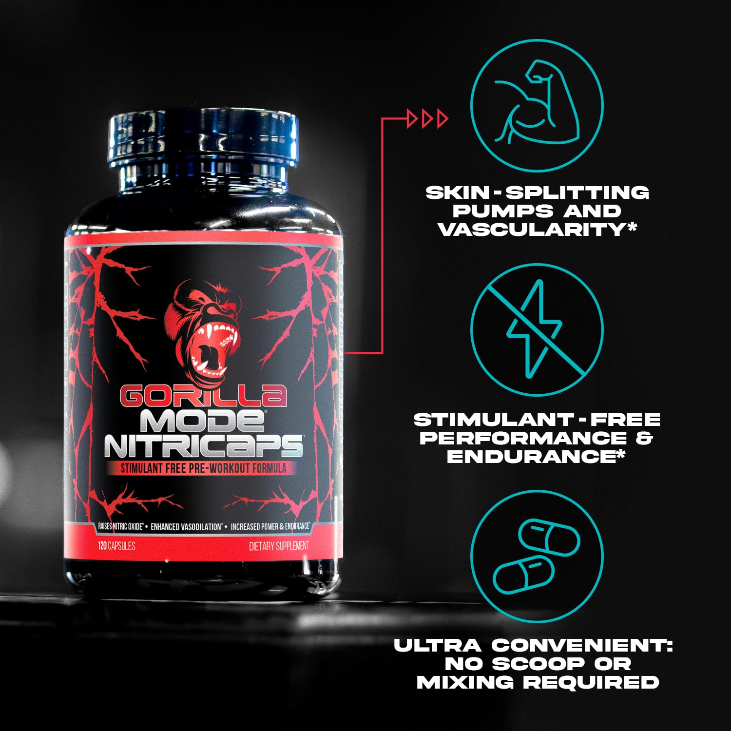 Gorilla Mode Nitricaps etiqueta con ingredientes clave y beneficios visibles