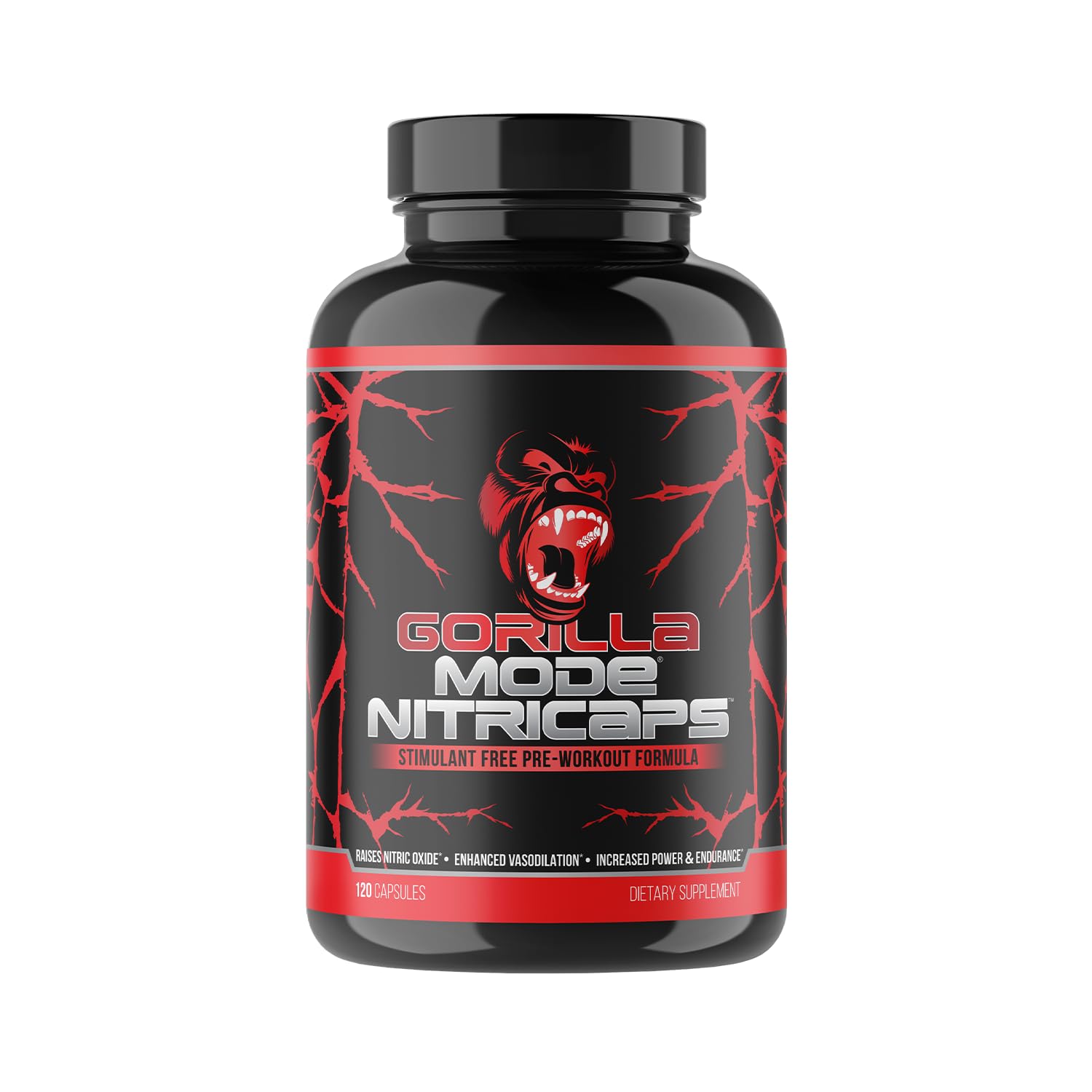 Gorilla Mode Nitricaps frasco frontal mostrando presentación y conveniencia