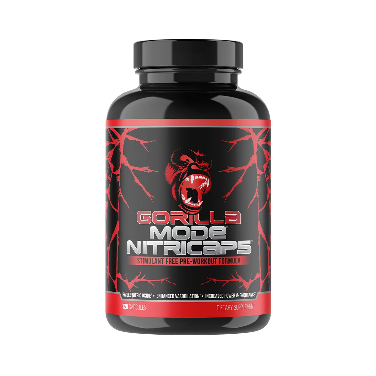 Gorilla Mode Nitricaps frasco frontal mostrando presentación y conveniencia